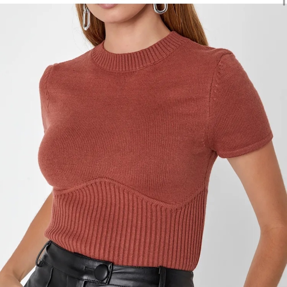 Lulus Everyone's a Winter Rust Brown Short Sleeve Seamed Sweater Top XL